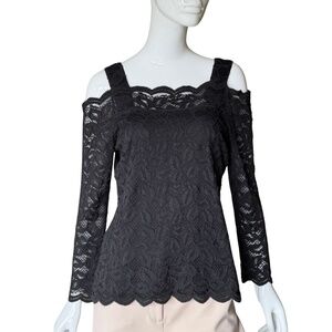 Chico's Black Lace cold Shoulder Top Sheer Sleeves Size 1 (Medium)